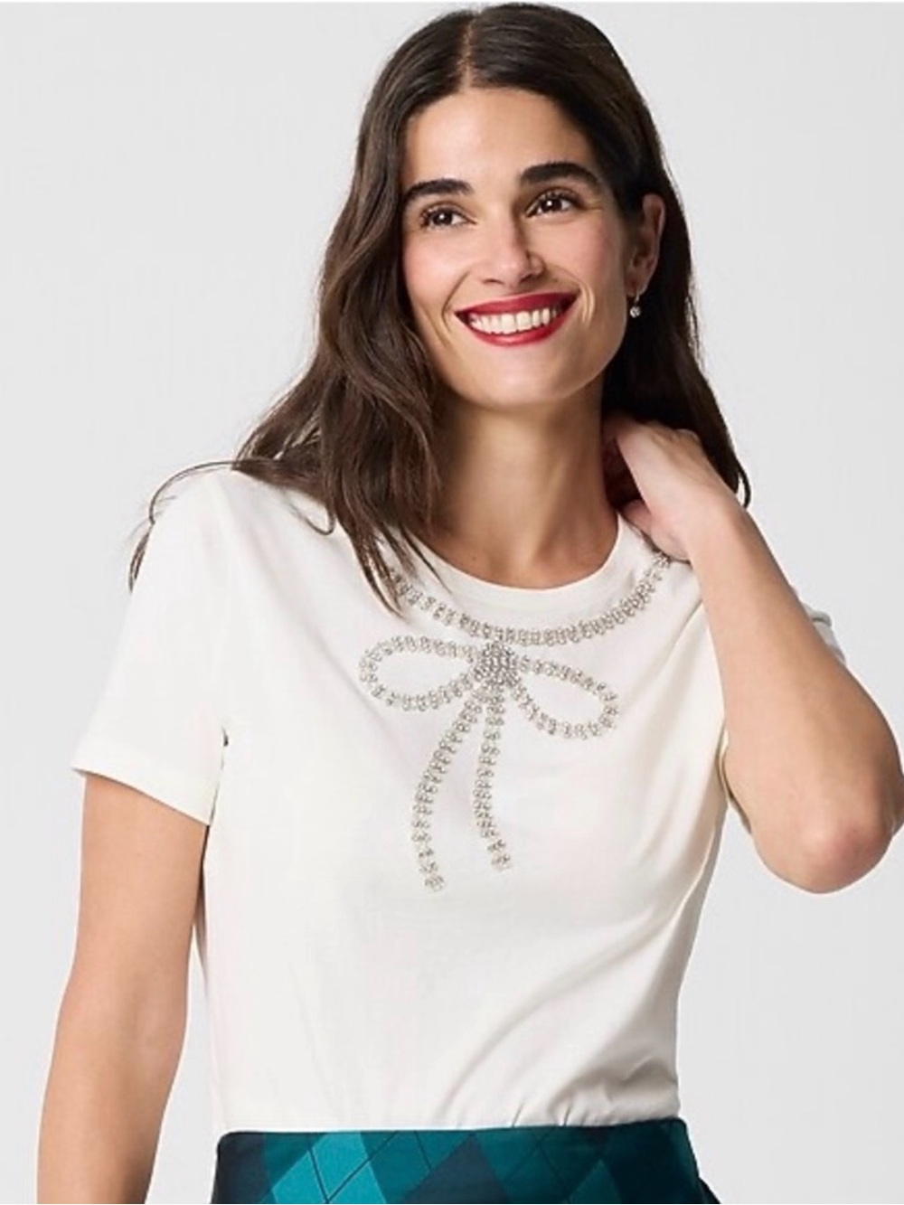 J. Crew Off-White Short Sleeve Tee with Rhinestone Bow